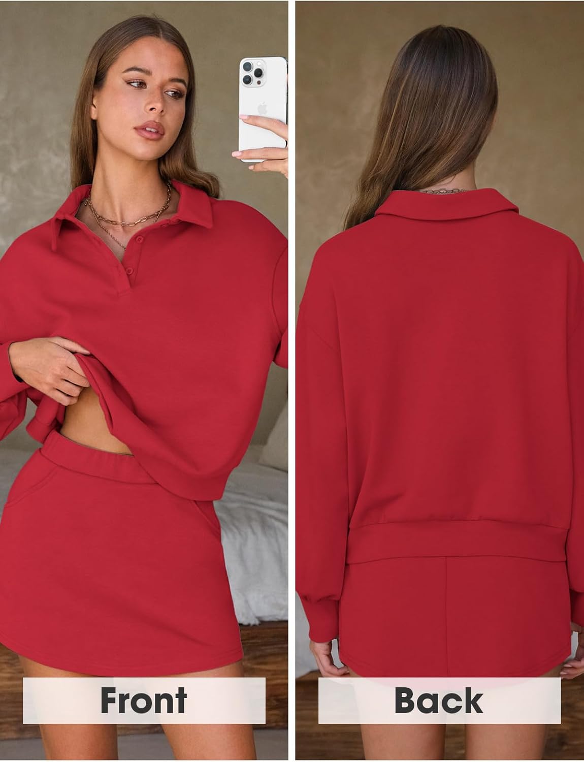 EXLURA Womens 2 Piece Sets Polo Sweatshirt Skort Set Airport Long Sleeve Matching Workout Sets Tennis Travel Spring Outfits - Image 5