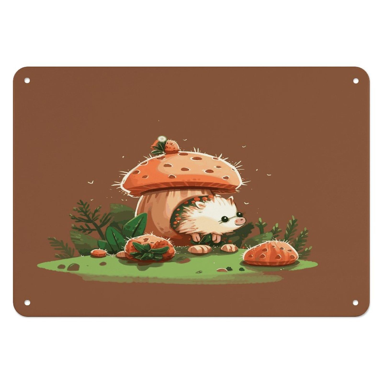 Btcowzrv Style Hedgehog And Mushroom Metal Sign, 5.5" X 7.9" Tin Wall Decor, Wall Art Plaques For Home Wedding Decor Room Living Room Decoration