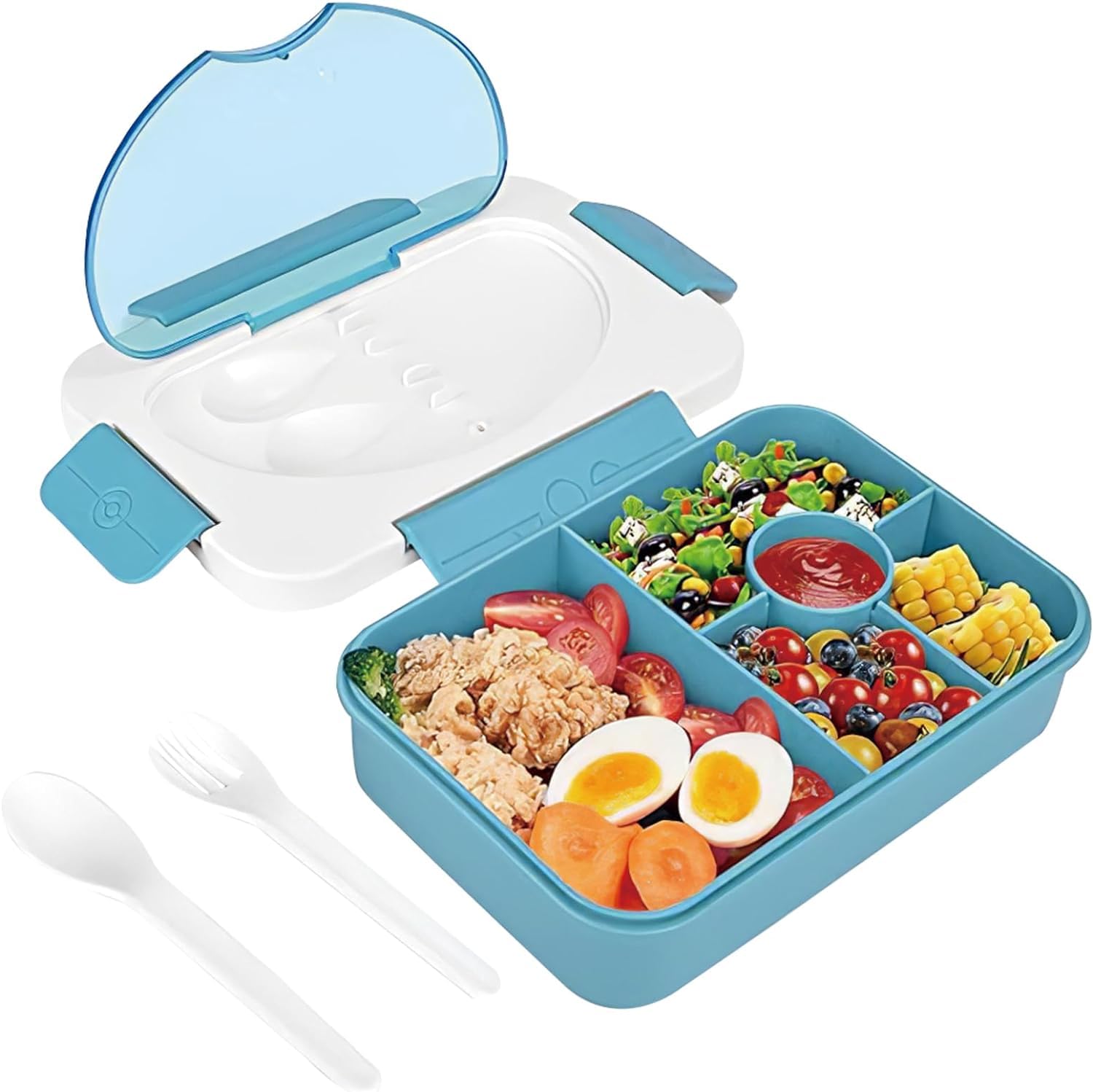 Lunch Box for Kids, 1350ml Bento Lunch Box with 5 Compartments, Leak Proof & Portable, Complete with Cutlery and Salad Dressing Container - Perfect for School and Outdoor Excursions (Blue)