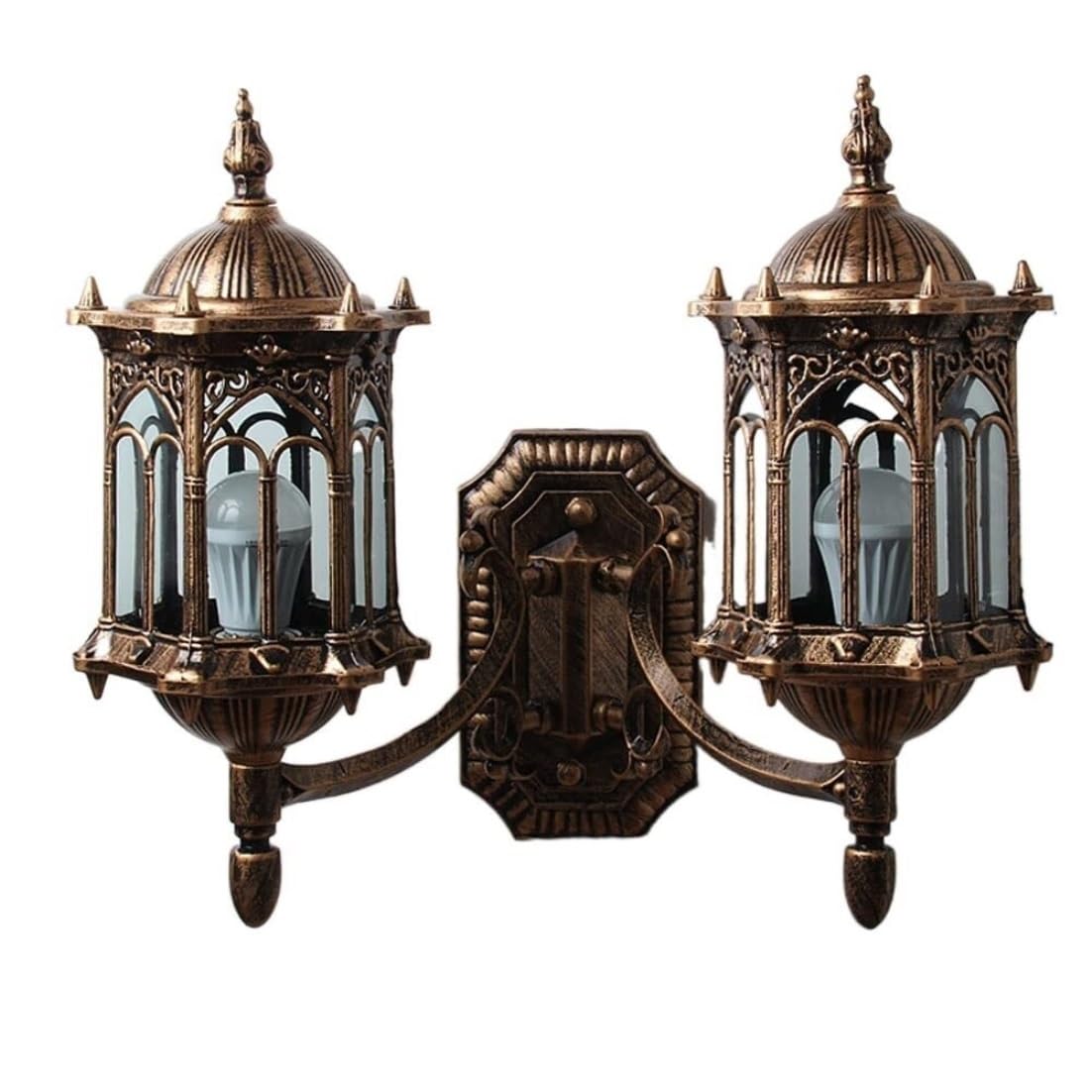 Wejścia Lampa Zewnętrzna Podwójna Głowica Kinkiet Zewnętrzny Aluminiowy Europejski Styl Wodoodporny Szklany Taras Lampa Ogrodowa Oświetlenie Ogrodu(Bronze)
