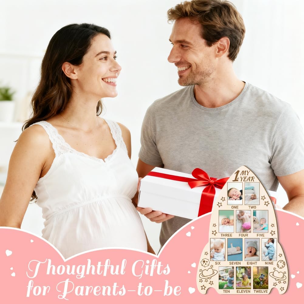 ORIGACH Rocket Shape My First Year Baby Growth Photo Display Board, 12 Months Newborn Milestones Wood Keepsake Board for 1st Birthday & Nursery Decor, Star & Heart Pattern
