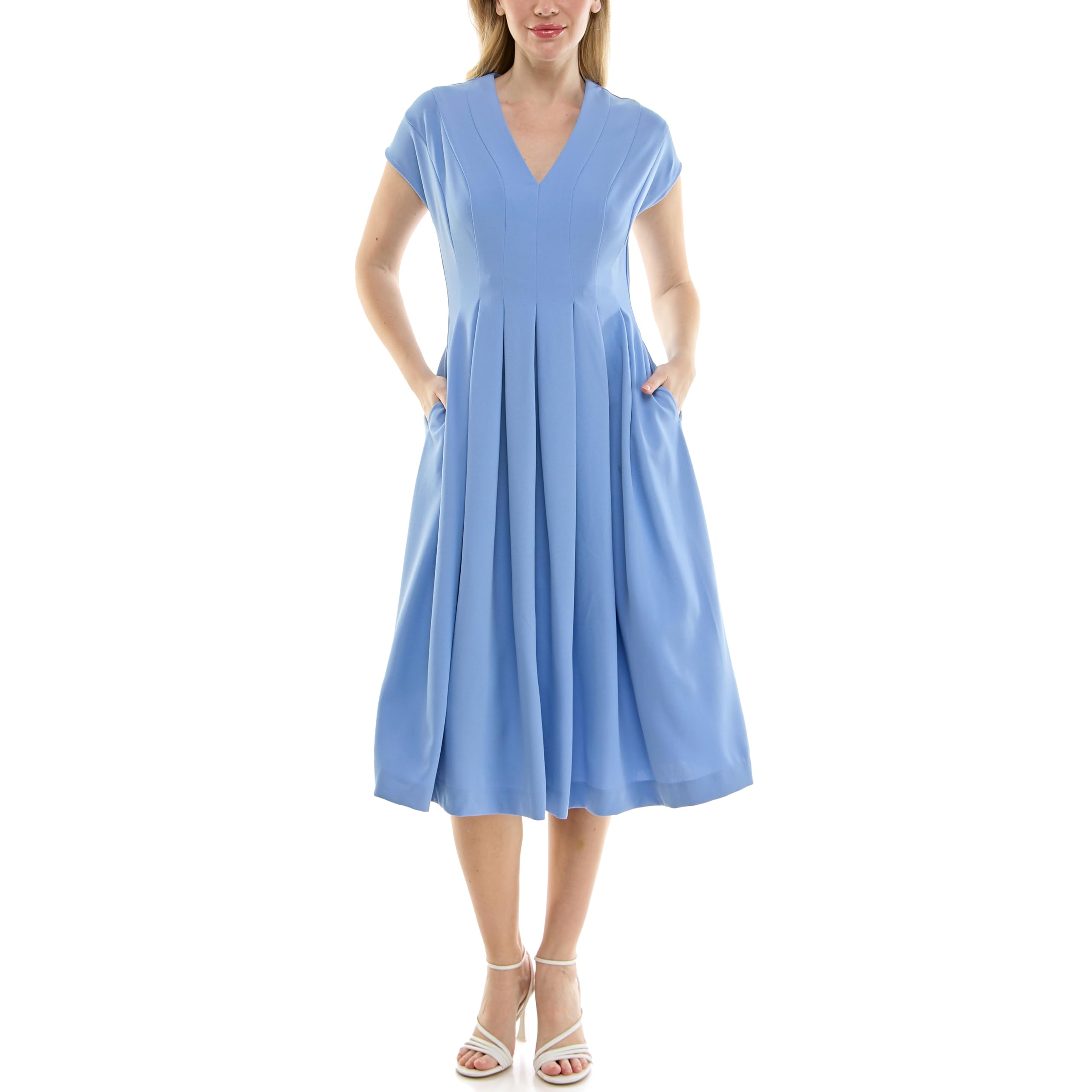 Maison Tara Womens Cap Sleeve V-Neck Seam Bodice Pleated Fit Flare Midi Dress