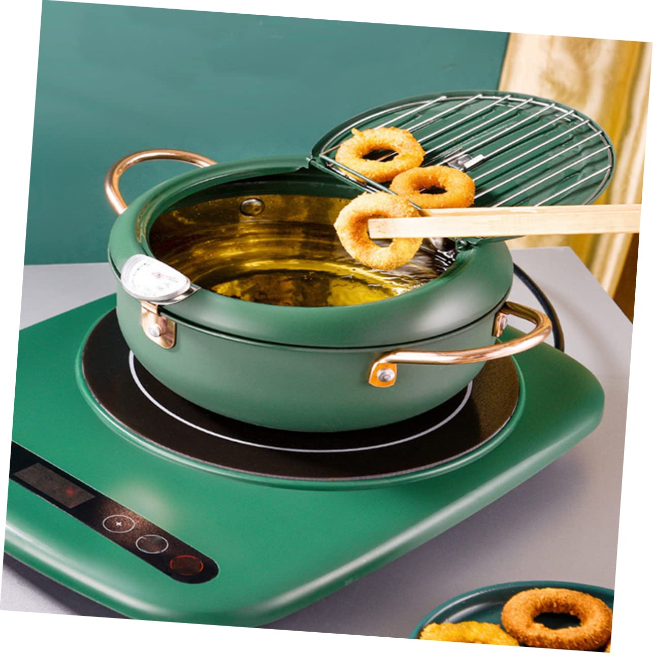 OUNONA Controllable Temperature Deep Fryer Pot Stainless Steel Fry Pan Basket Non-stick Japanese Style Cooking Pot