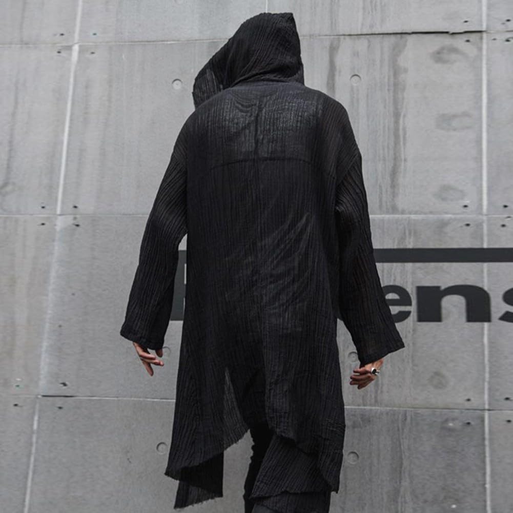 2025 Trench da mago con cappuccio nero Giacca a vento da uomo Autunno Giacca lunga con cappuccio Punk Hip Hop Streetwear Abbigliamento uomo
