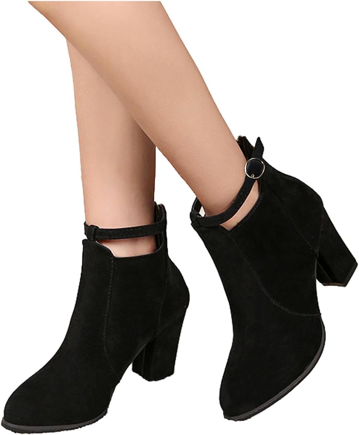 Women's High Heel Ankle Boots Fashion Suede Ankle Strap Buckle Chunky Block High Heeled Booties Ladies Dress Mid Calf Dressy Short Boots Shoes