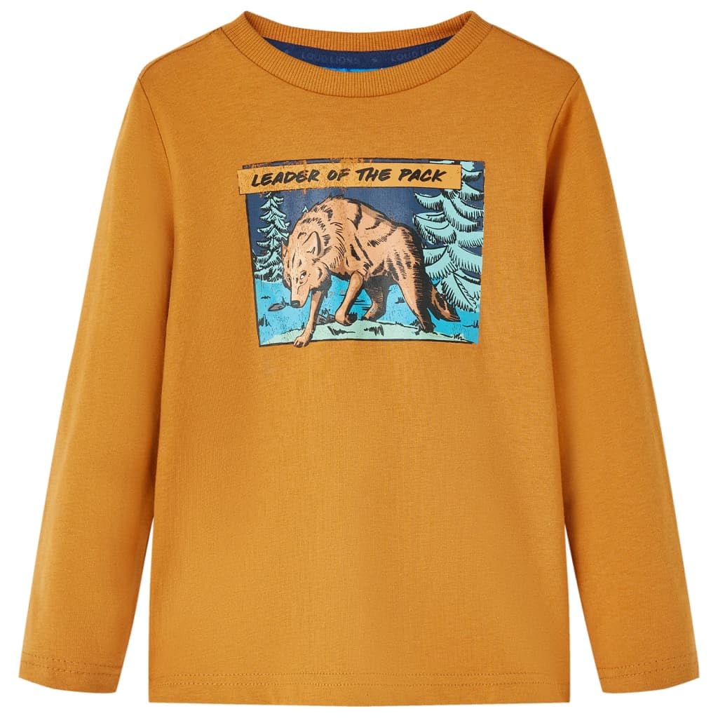 vidaXL Kids' T-Shirt with Long Sleeves Children T Shirt Wolf Print Dark Ochre 128