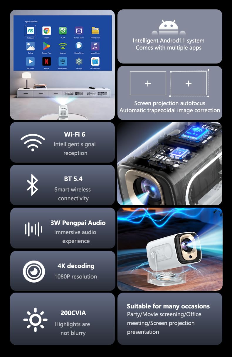 Vidéoprojecteur TV16 Mini Projecteur Portable 1080P Android 11 WiFi 6