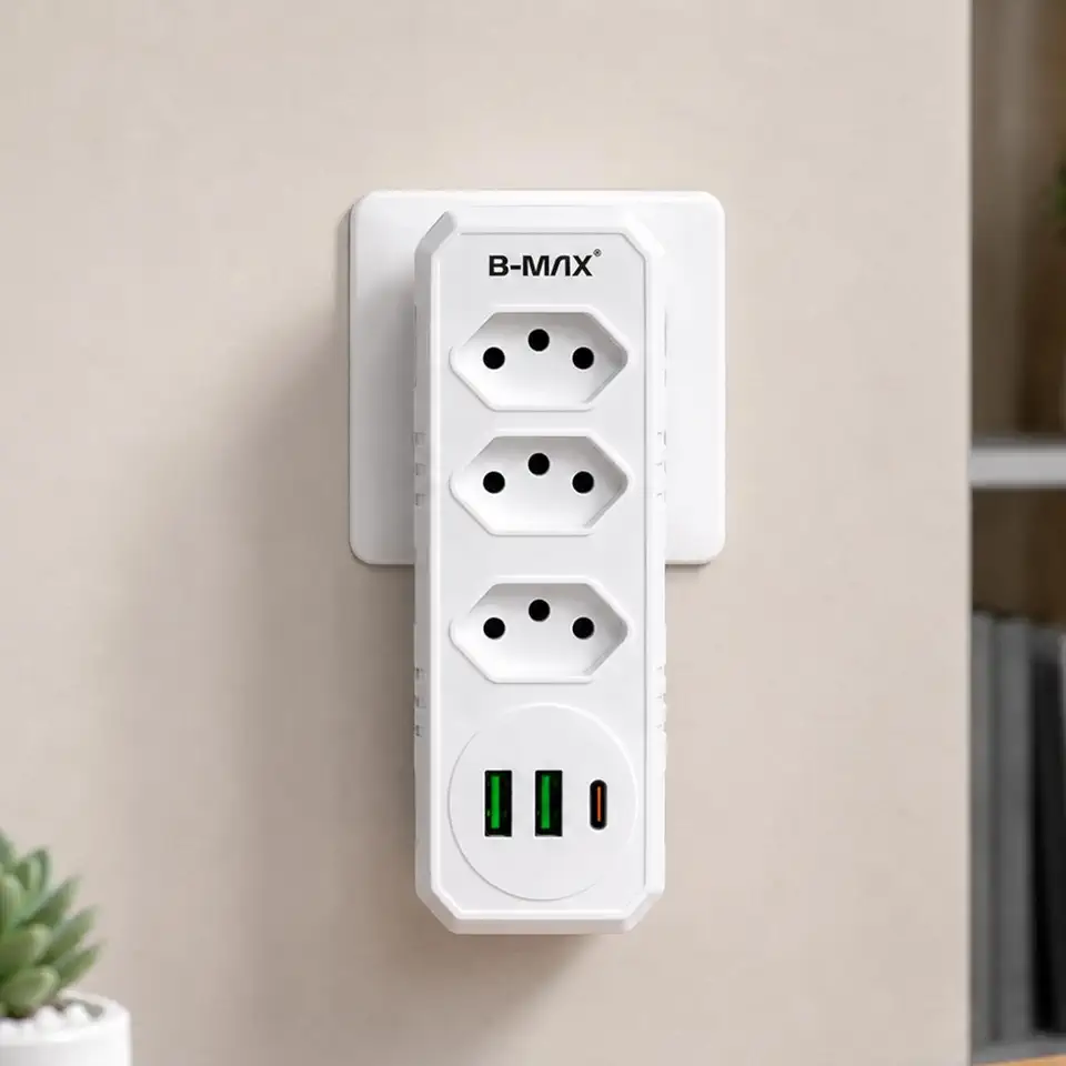 Adaptador de Tomada 3 Tomadas USB Tipo C 10A 2500W Filtro de Linha Compacto