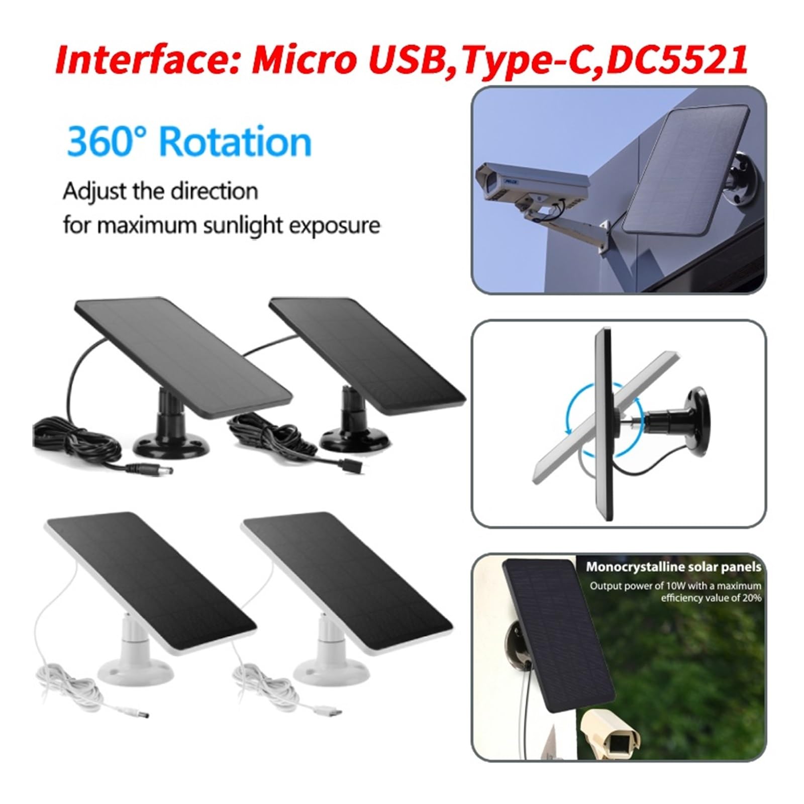 Chargeur de cellules solaires 10W 5V USB 2in1 chargeant des panneaux portables for le système d'éclairage domestique caméra sécurité Haute Efficacité Stable(Black DC5521)