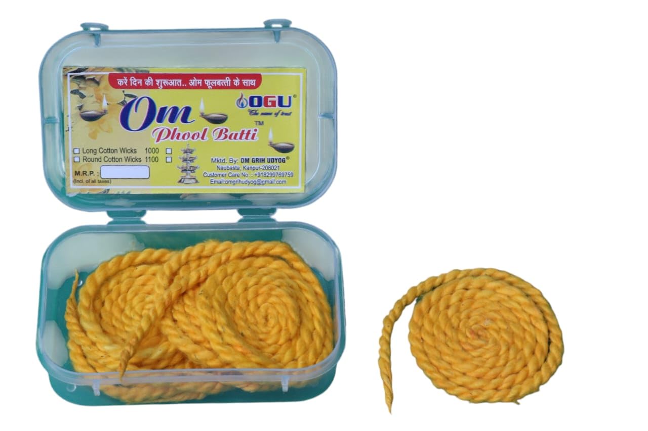 Om Phool Batti Twisted Akhand Jyot Batti for Diya Long Lasting Pure Cotton Wicks for Daily Pooja,Meditation and Spiritualism Special Lambi Diya Rui Batti (Pack of 3 Box - 4 Pcs. in Each Box) (Yellow)-image-18