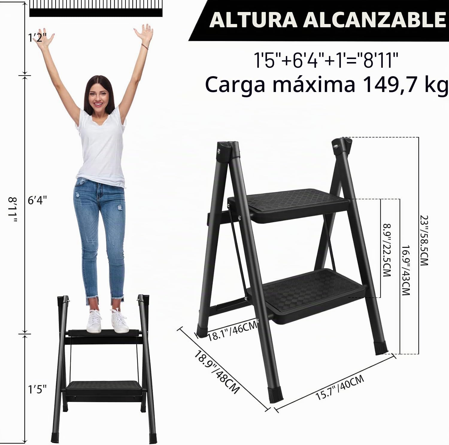 2 Peldaños Taburete Escalera Plegable, Taburete o Soporte de Exhibición Portátil, Ligero Escalones Antideslizante multifuncional para Hogar, Cocina, Oficina (Escalera de 2 peldaños)