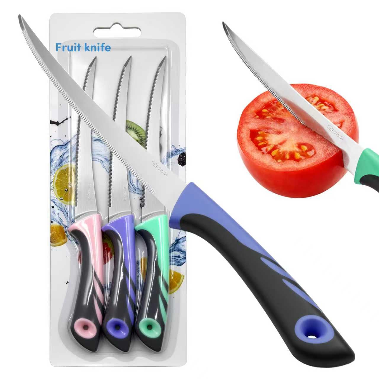 GIroiyai 3 Pack Tomato Knife Set, Serrated Stainless Steel Paring Knives – Ultra-Sharp Tomato Slicers with Non-Slip Handles for Fruits, Veggies &