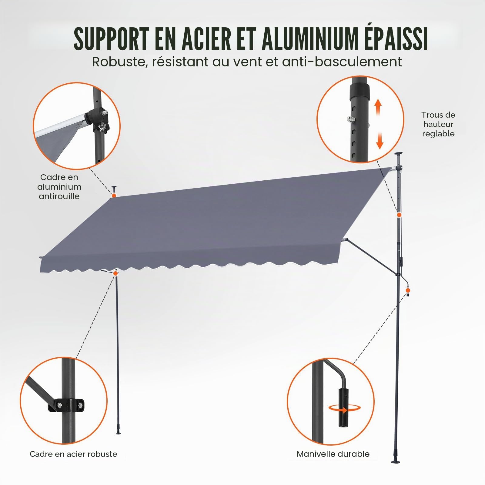VEVOR Auvent de terrasse rétractable 400 x 120 cm, store banne manuel avec manivelle, hauteur réglable 218-310 cm, abri pare-soleil extérieure de balcon résistant aux UV pour patio, balcon, cour, gris