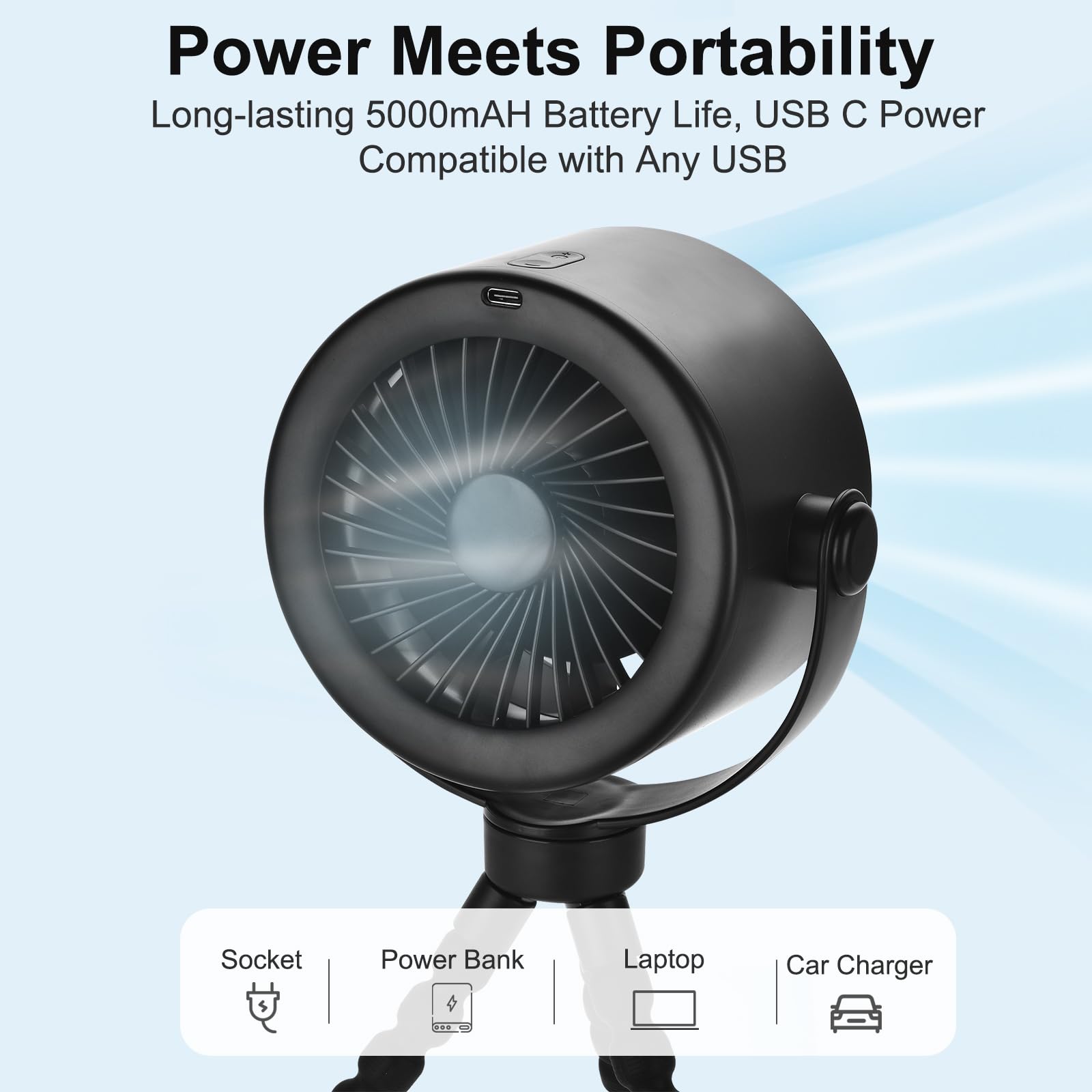 Ventilatore portatile per passeggino da 5000 mAh con display LCD | 5 velocità regolabili, rotazione a 360°, clip per treppiede | Durata della batteria di 17 ore per passeggini, seggiolini auto, sedie
