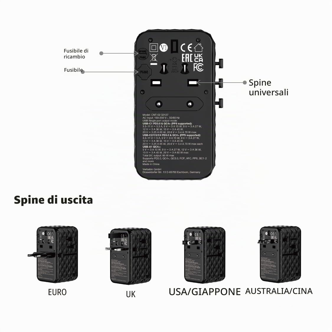 Verbatim GaN - Adattatore universale da viaggio con cavo USB C integrato, 85 W, con 1 porta USB‑A e 3 porte USB-C, caricatore rapido per laptop, cellulare, fotocamera, utilizzabile in tutto il mondo,