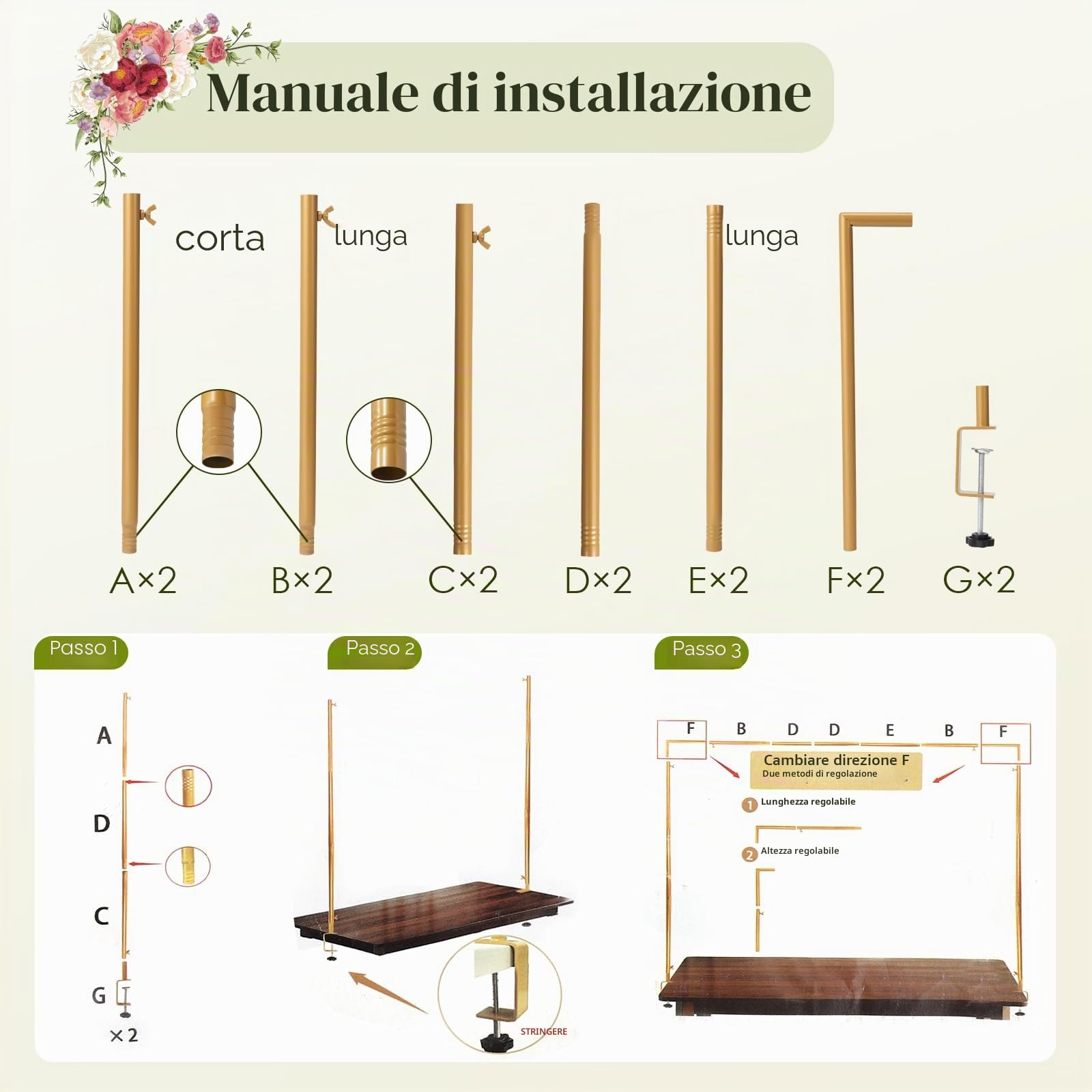 Arco da Tavolo Estensibile, Asta Decorativa da Tavolo con Clip, 120-260 cm, Asta Metallica per Appendere al Tavolo per Natale, Matrimonio, Compleanno, Decorazione per Feste Oro