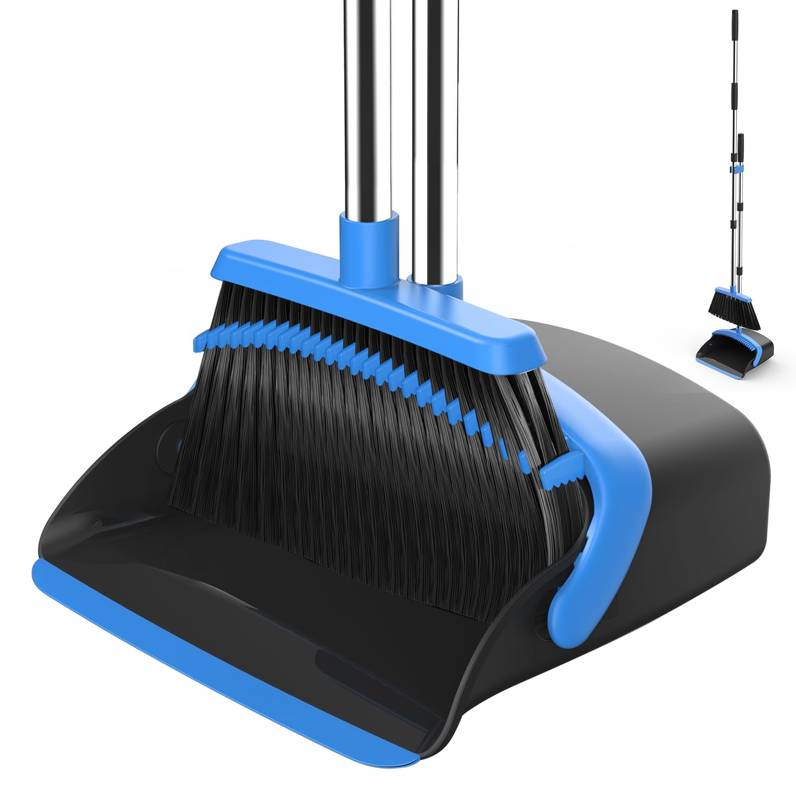 NACENA Broom and Dustpan Set, 52-in Long Adjustable Handle Broom Dustpan Combo with Dustpan Teeth to Automatically Clean Hair Suitable for Home Kitchen Office Hall Floor（Black&amp;Blue）