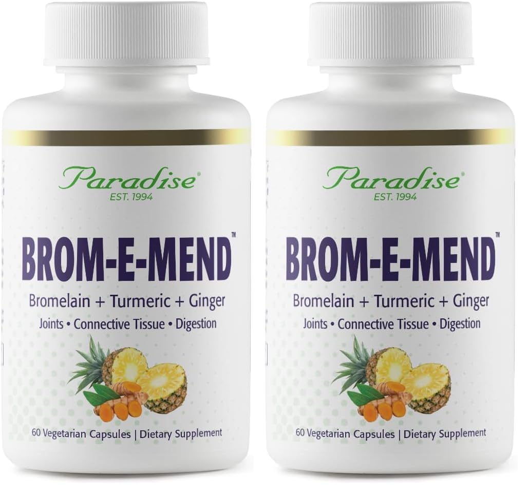 Paradise Herbs Bromelain Supplement, Brom-E-Mend, with Turmeric, Bromelain and Ginger, Vegan, Non-GMO, Gluten Free, 60 Vegetarian Capsules (Pack of 2) 60 Count (Pack of 2)