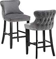 Vista 19 de Rhomtree Taburetes de bar tapizados de terciopelo modernos de 27 pulgadas con patas de madera, botón acolchonado, cabeza de clavo cromada, taburetes