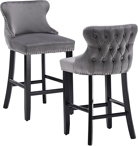 Miniatura 19 de Rhomtree Taburetes de bar tapizados de terciopelo modernos de 27 pulgadas con patas de madera, botón acolchonado, cabeza de clavo cromada, taburetes