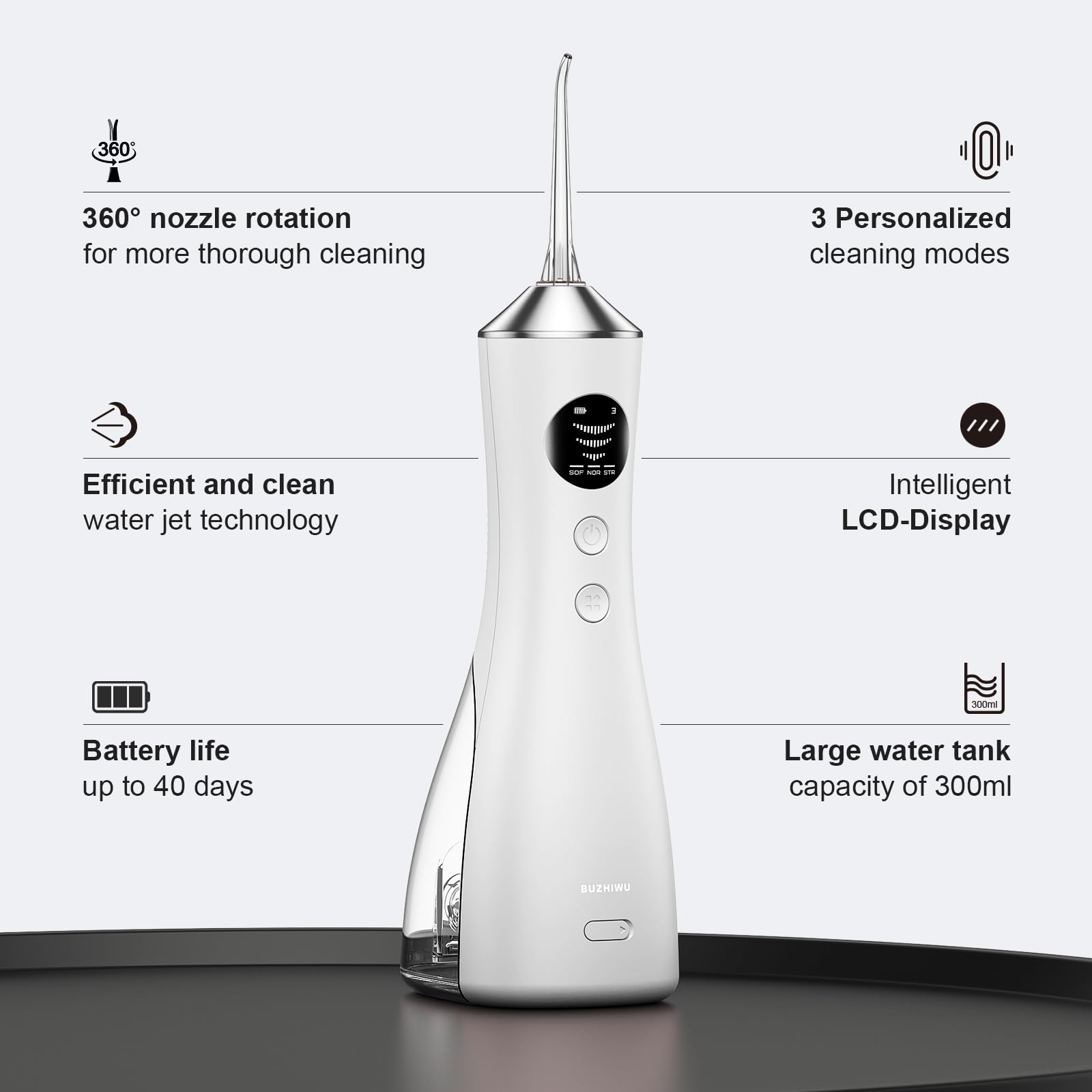 Idropulsore dentale per denti, portatile, senza fili, con 300 ml, ricaricabile, con tipo C, IPX7, impermeabile, per adulti, con 3 modalità di intensità e 3 punte per filo interdentale
