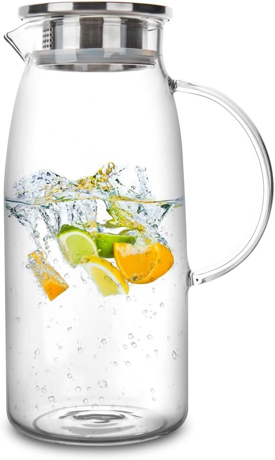 Amazon Com 60 Ounces Glass Pitcher With Lid Hot Cold Water Jug Juice And Iced Tea Beverage Carafe Carafes Pitchers