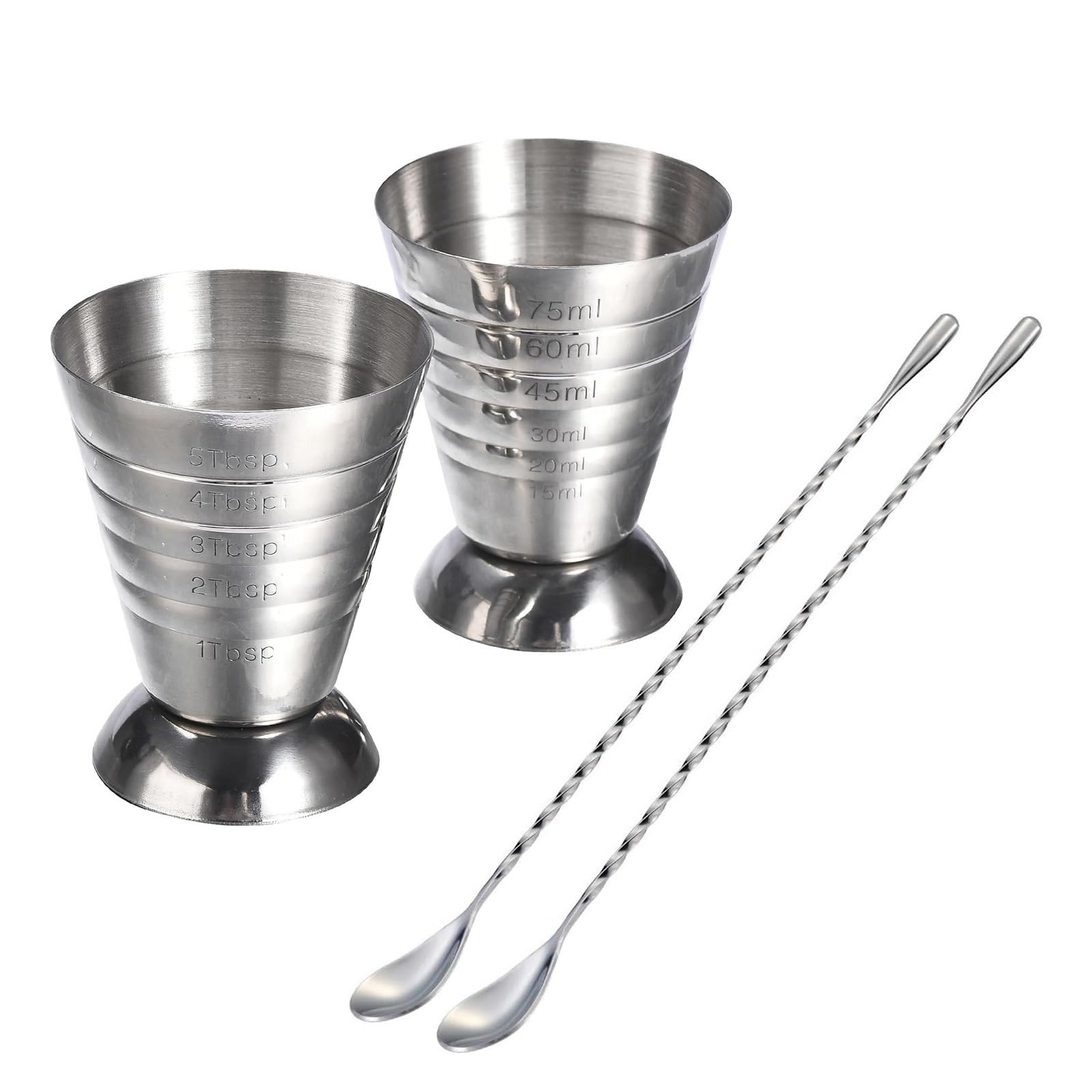 Taza medidora de acero inoxidable con cuchara mezcladora, Jigger cóctel for Bar(2 cups with 2 spoon)