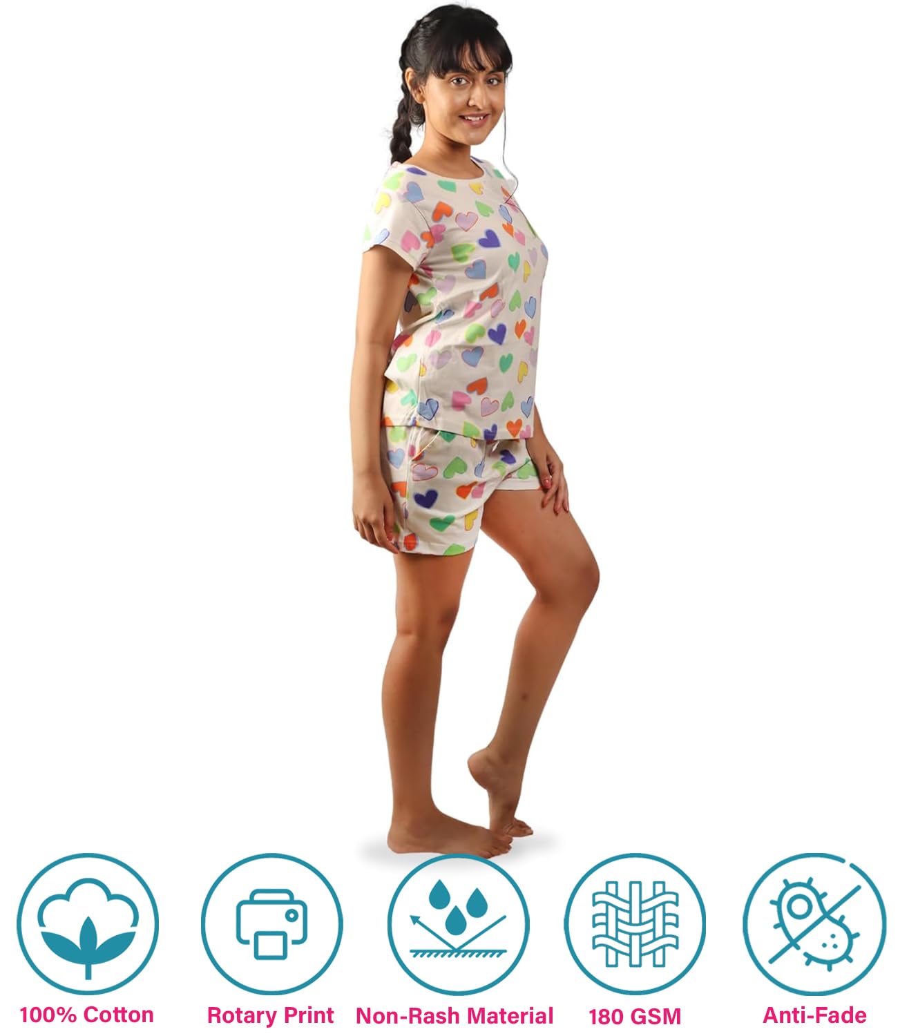 Hestia |Co-Ord Cotton Night Suit for Women| Co-Ord Night Wear Dress Set with Shorts and Top & T-Shirt |Breathable Fabric | Shrink Free Night Dress Material | Multicolor Heart | Off White | XL | Set 1 - Image 2 thumbnail