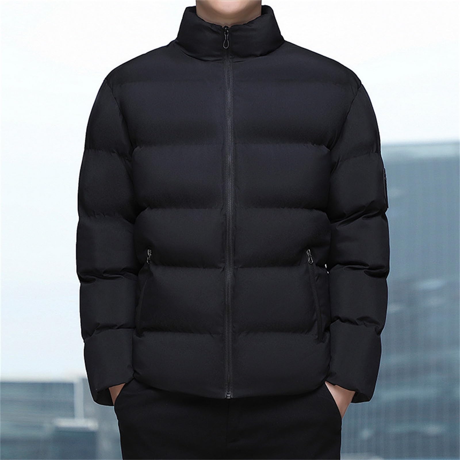 SRZYMJ Schwarz Winterjacke Herren Daunenjacke mit Reißverschluss Warm Jacke Leichte Steppjacke Bequeme Casual Puffer Jacket Basic Übergangsjacke Outdoor Softshelljacke Winter Kleidung Mantel