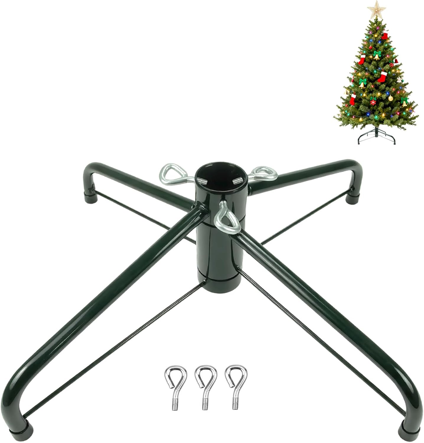 Christmas Tree Stand for Artificial Trees, Folding Metal Tree Base for 3ft to 7ft Christmas Trees, Heavy Duty Iron Construction Tree Stand with 3 Screws, Fits 0.5"–1.25" Tree Poles(Green)