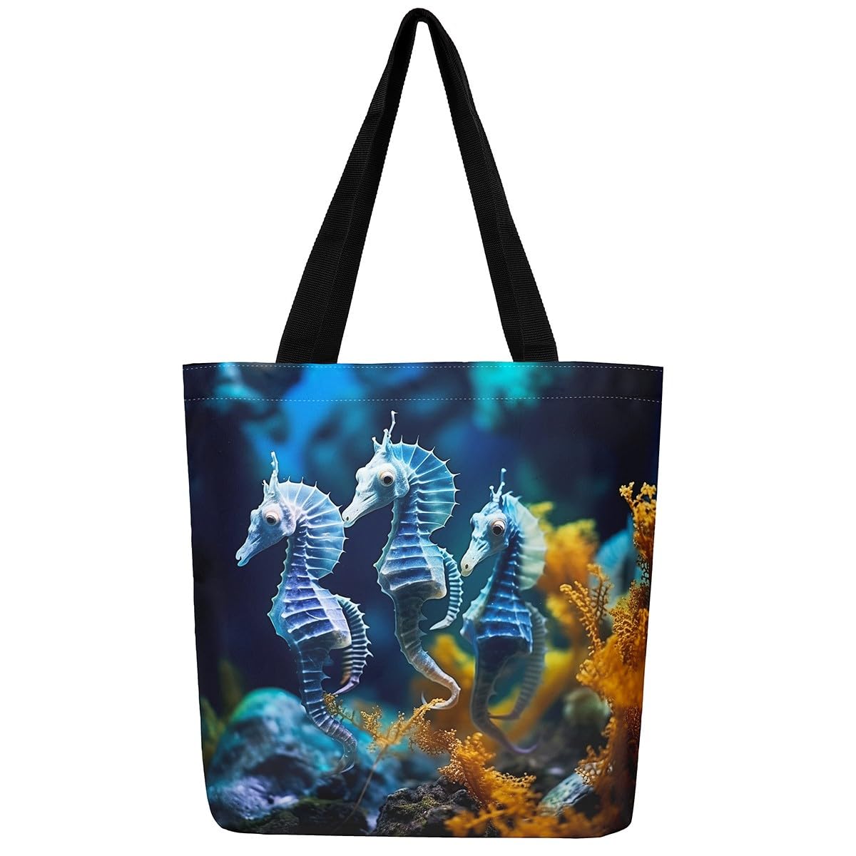 Homewish 3D Seahorse Shopping Bag Ocean Animal Printed Canvas Bag, Navy Blue Grocery Bag Wild Sealife Canvas Tote Bag, Marine Botanical Coral 05