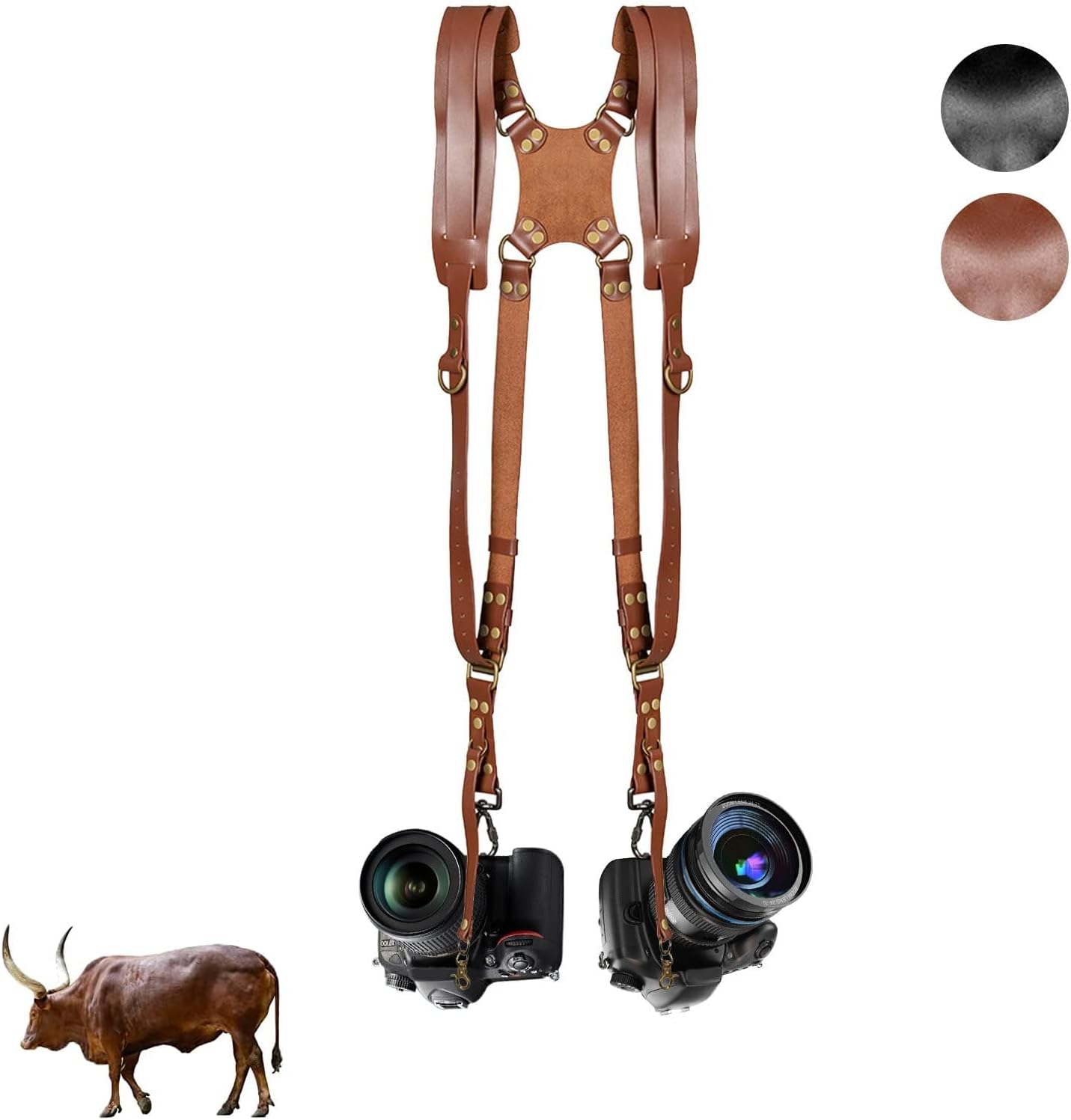 Leather Camera Strap, Camera Neck Shoulder Strap for Photographers-Leather Dual Camera Strap for Two DSLR/SLR Cameras