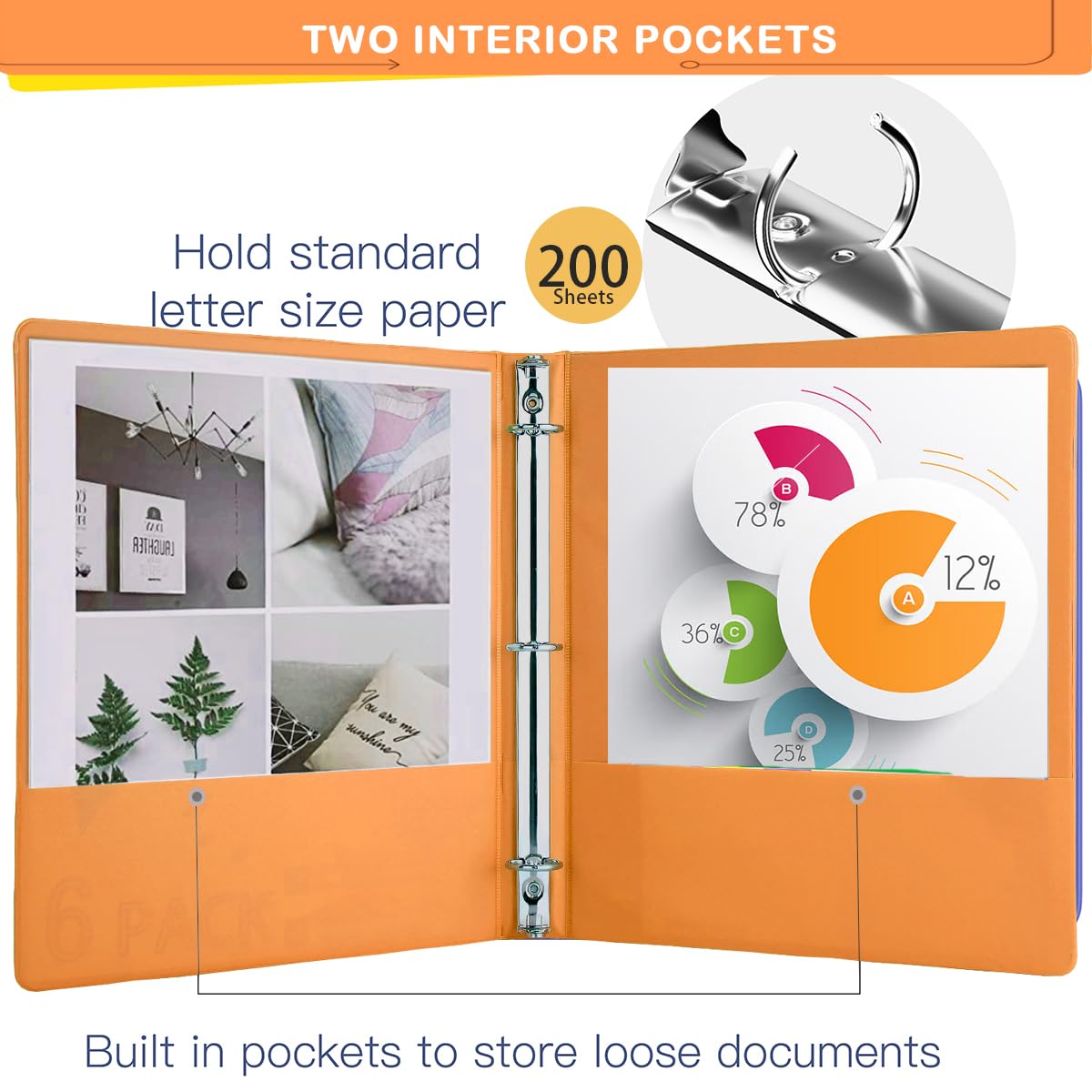 Lot de 6 classeurs à 3 anneaux ronds de 2,5 cm, avec 2 poches intérieures, peut contenir 200 feuilles de papier format lettre, durable, sans PVC, couleurs assorties