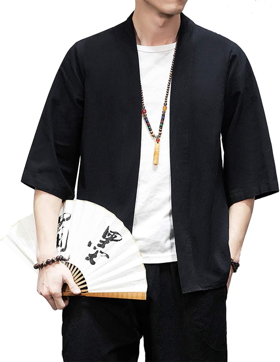 PRIJOUHE Men's Kimono Jackets Cardigan Lightweight Casual Cotton Blends Linen Seven Sleeves Open Front Coat Outwear