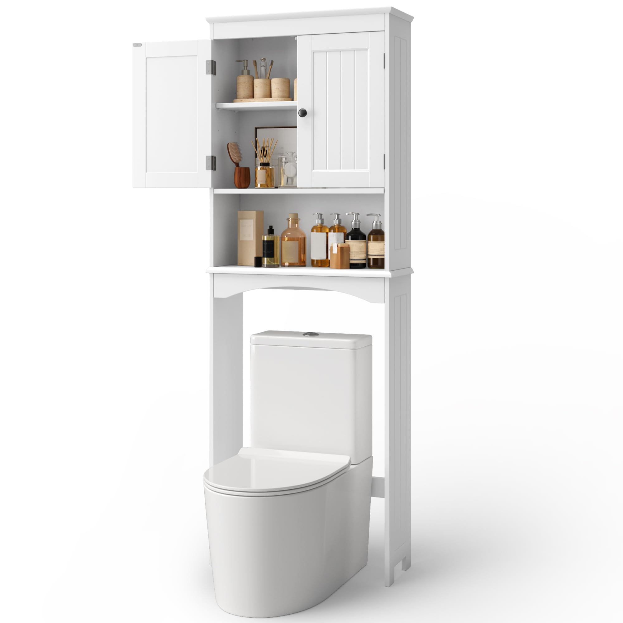 Armadio sopra WC per bagno, scaffale WC bianco con ripiani regolabili, mobile freestanding con ante, struttura robusta, 168 x 60 x 24 cm