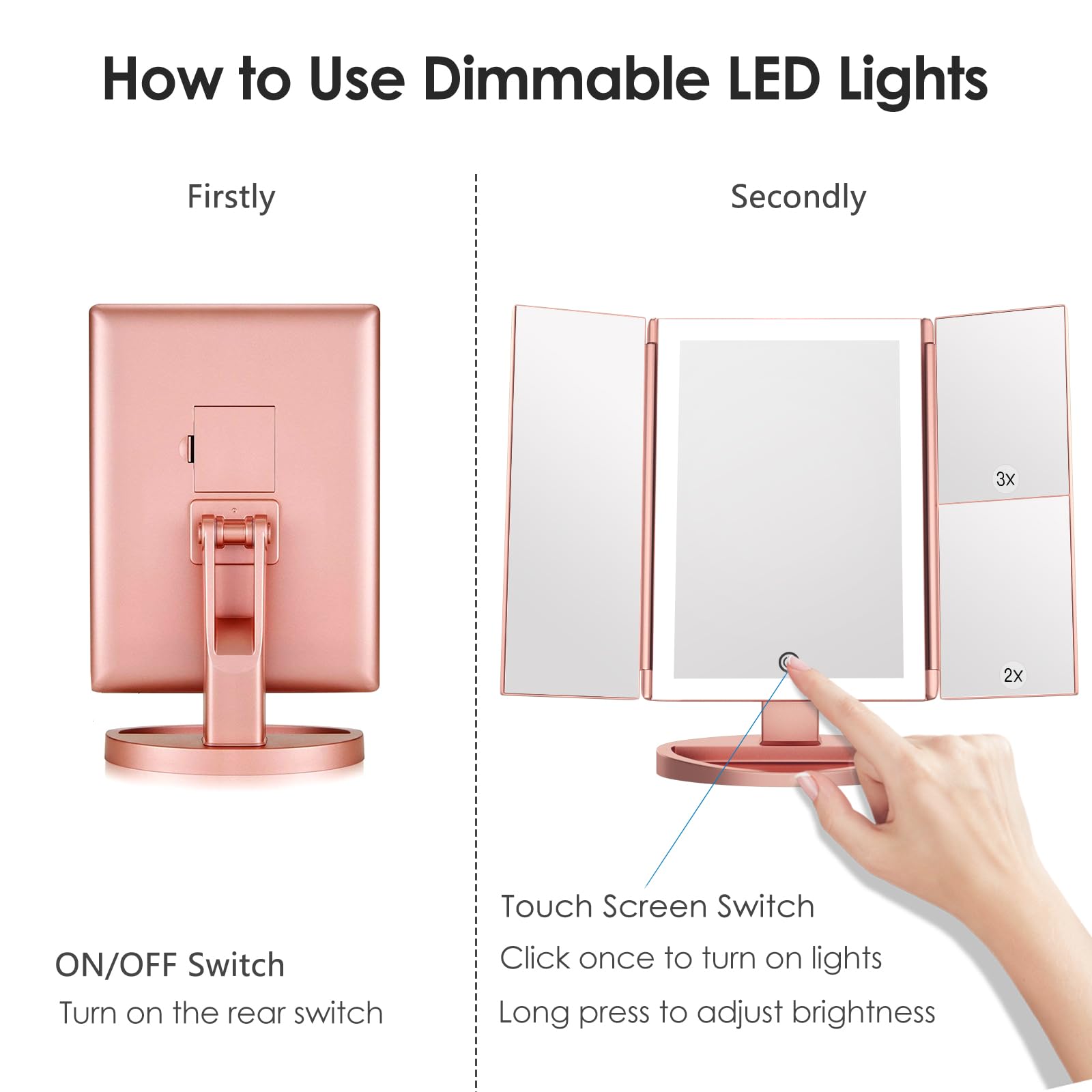 WEILY Miroir Maquillage Grossissant Lumineux 1X/2X/3X, LED Pliable avec Écran Tactile, Réglable à 180 Degrés, Support USB et Batterie (Or Rose)