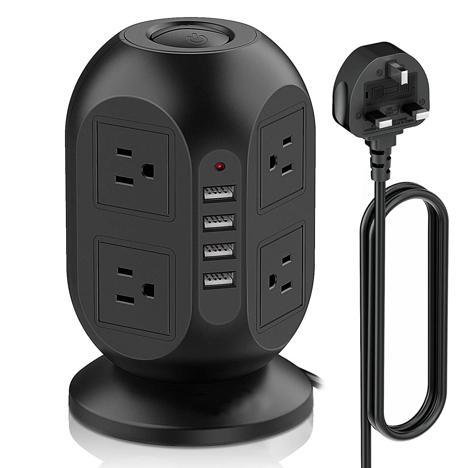 DiiDa Tower Extension Lead 3M Surge Protector Power Strip - 8 Way Outlets 4 USB Ports Multi-Plug Outlet Heavy Duty Extension Cord Overload Protection (Black)