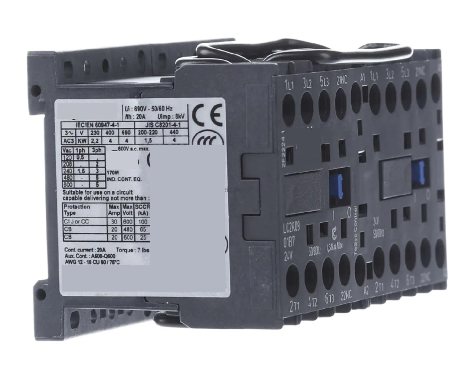 Contactor LC2K0901B7 Contactor Inversor - 3P - AC-3 = 440 V 9 A - 1 NC - Bobina 24 V AC
