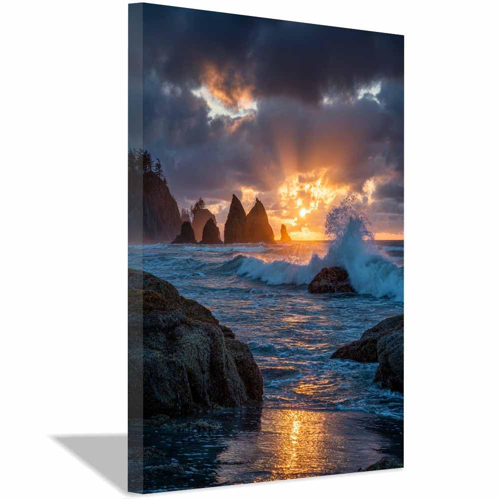 PUQAAEO Canvas Prints Wall Art Dramatic Ocean Rock Sunset Landscape Pictures Modern Canvas Painting Giclee Artwork For Home Decoration(Multicolor)-70x100cm Framed