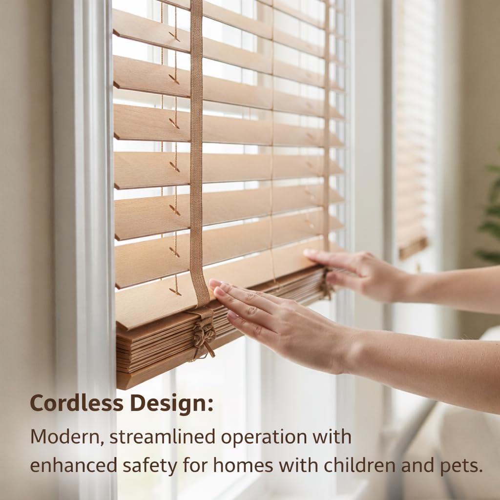 Custom 2" Real Wood Window Blinds – Cordless Lift System, Made to Order, Multiple Colors, Made in USA (Natural)