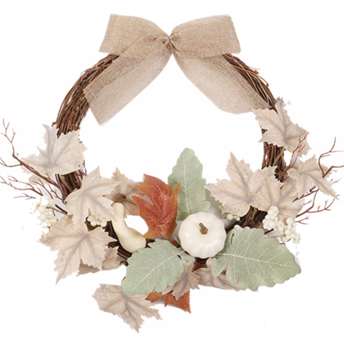 Zomtier White Pumpkin Wreath Autumn Wreath Front Door, 40Cm Artificial Maple Leaf Berry Autumn Door Wreaths Hanging Fall Wreath Autumn Decorations Home For Halloween Thanksgiving Autumn Harvest