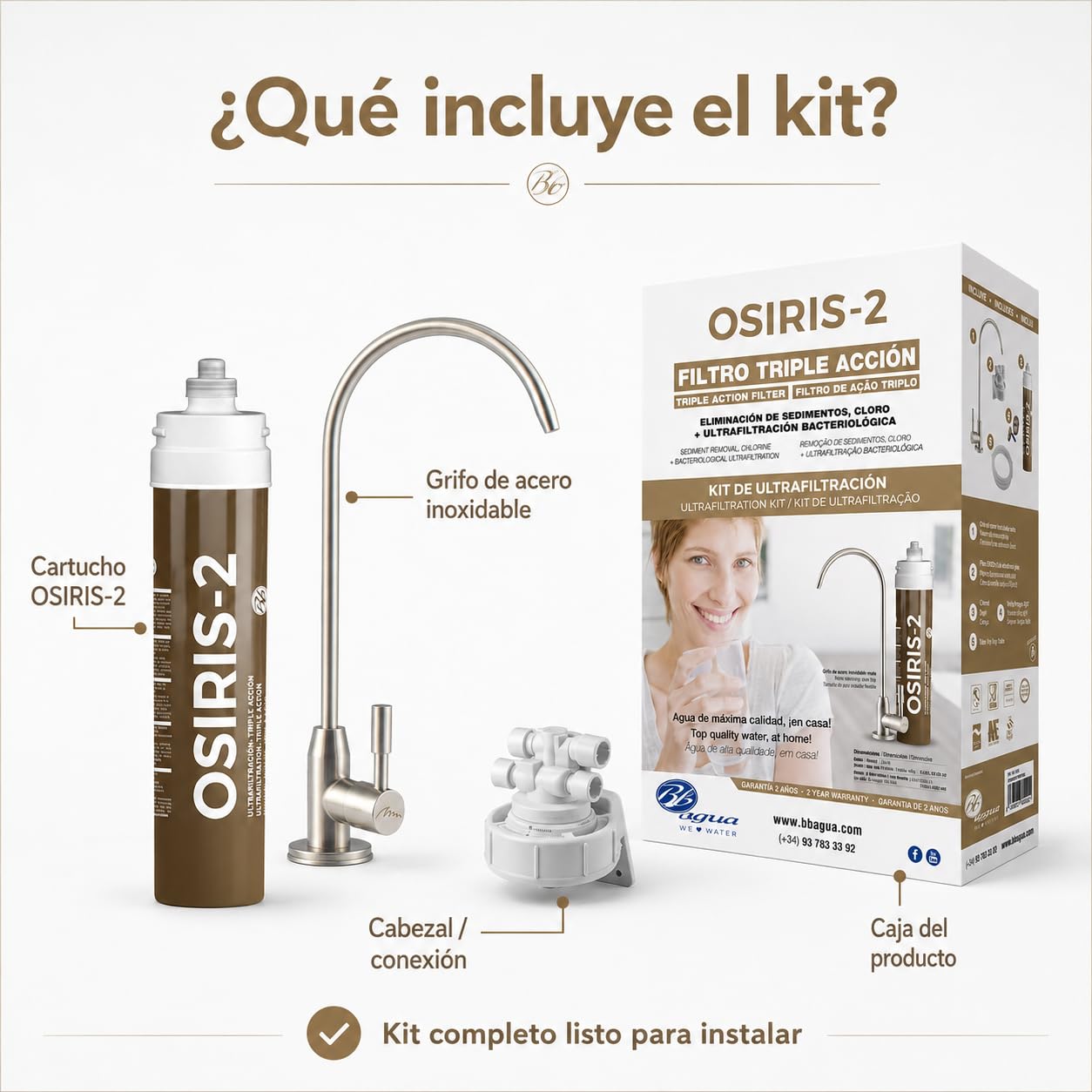 Bbagua OSIRIS 2 Filtro de Agua Bajo Encimera con Grifo | Ultrafiltración 0,1 Micras | Reduce Cloro, Sedimentos, Olores y Mal Sabor | Sin Depósito ni Electricidad | Cartucho 12 Meses