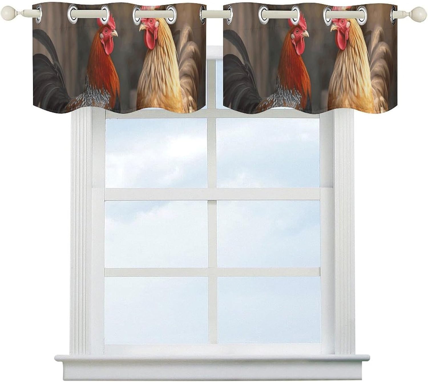 Rooster and Chicken Valance for Windows, 2 Pack Kitchen Curtains Modern Home Decor, Soft Blackout Window Curtains for Living Room & Bedroom, 18 X 52 Inch