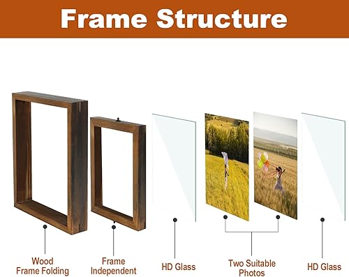 Miniatura 6 de Egofine - Paquete de 2 marcos de fotos flotantes giratorios de 5 x 7 pulgadas, pantalla de doble cara con frente de vidrio HD, marco de madera