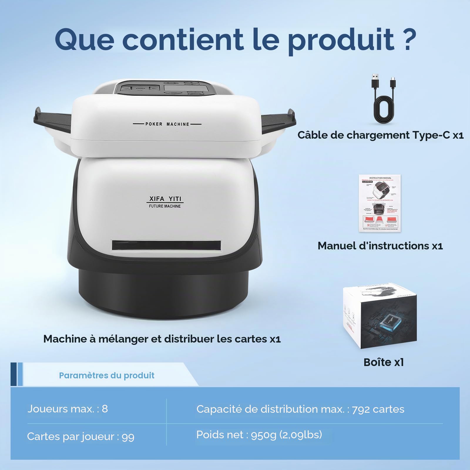 Mélangeur de cartes automatique 2-en-1 et machine à distribuer pour 2-8 joueurs, rotation à 360 degrés, dés intégrés, batterie 5000mAh, 5 modes de jeu pour Texas Hold'em et Blackjack (2-EN-1
