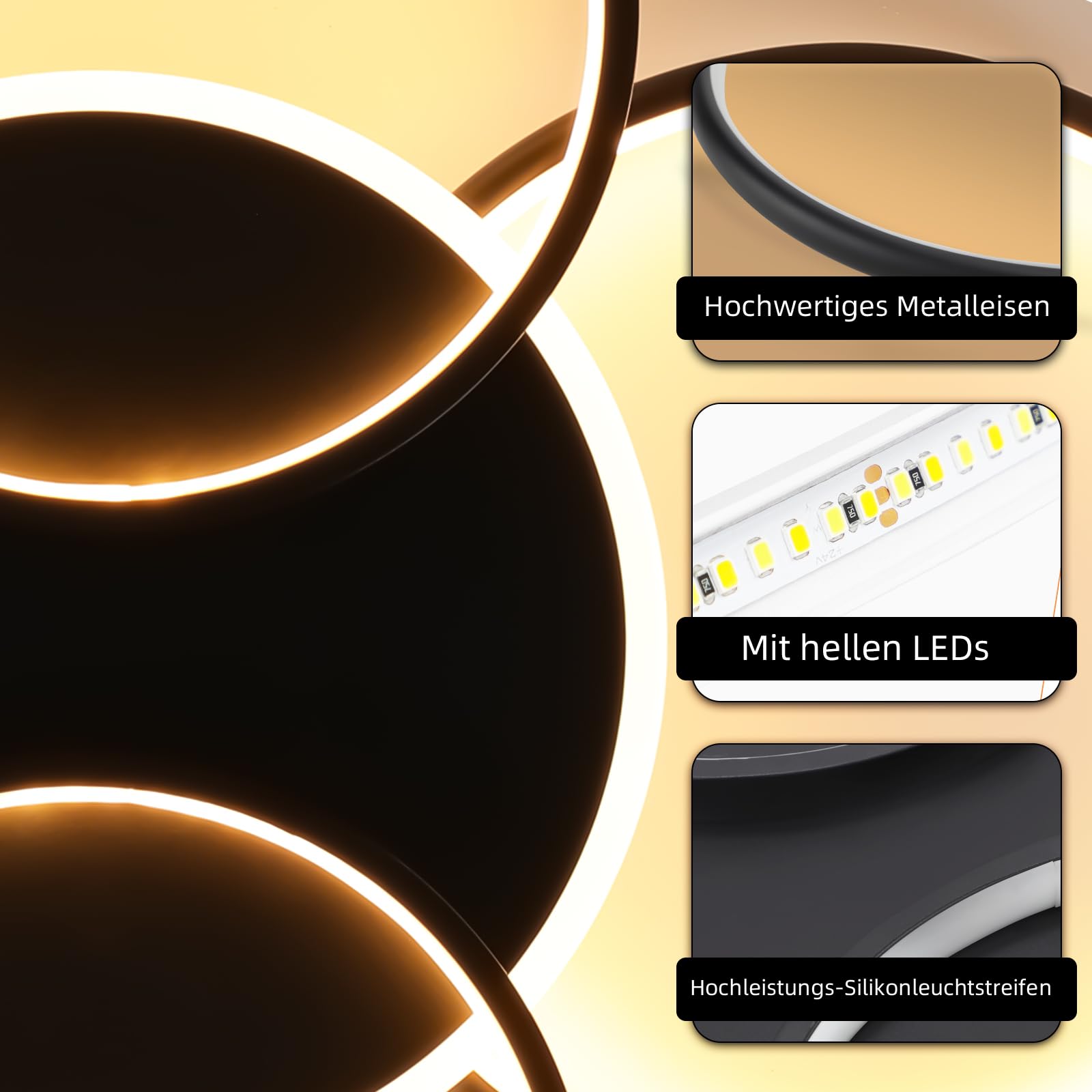 GBLY Deckenlampe LED Deckenleuchte Wohnzimmer: 67CM Wohnzimmerlampe Dimmbar | 70W mit Fernbedienung 5-Ringen Schwarz Schlafzimmerlampe Modern Acryl Deckenbeleuchtung für Büro Schlafzimmer Esszimmer