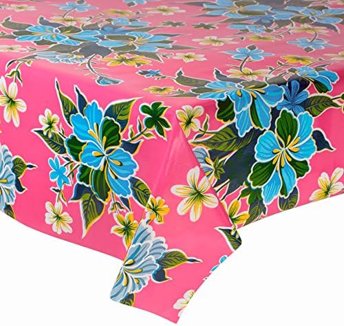 Mexican Floral Oilcloth Table Cover (120 cm Width - Long by half Meters) Model Flower Hibiscus Pink