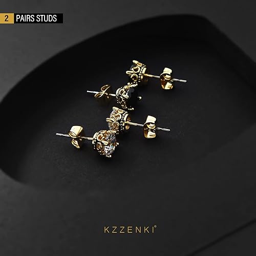 Miniatura 6 de Aretes negros y dorados para hombres y mujeres, con corona retro, hipoalergénicos, de acero inoxidable, con circonita cúbica