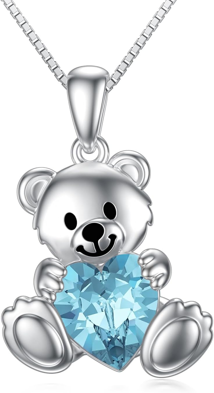 PELOVNY Teddy Bear Necklaces for Women 925 Sterling Silver Bear/Highland Cow/Fox/Cat Birthstone Necklace Birthday Christmas Jewelry Gifts for Mom Daughter Wife Sister