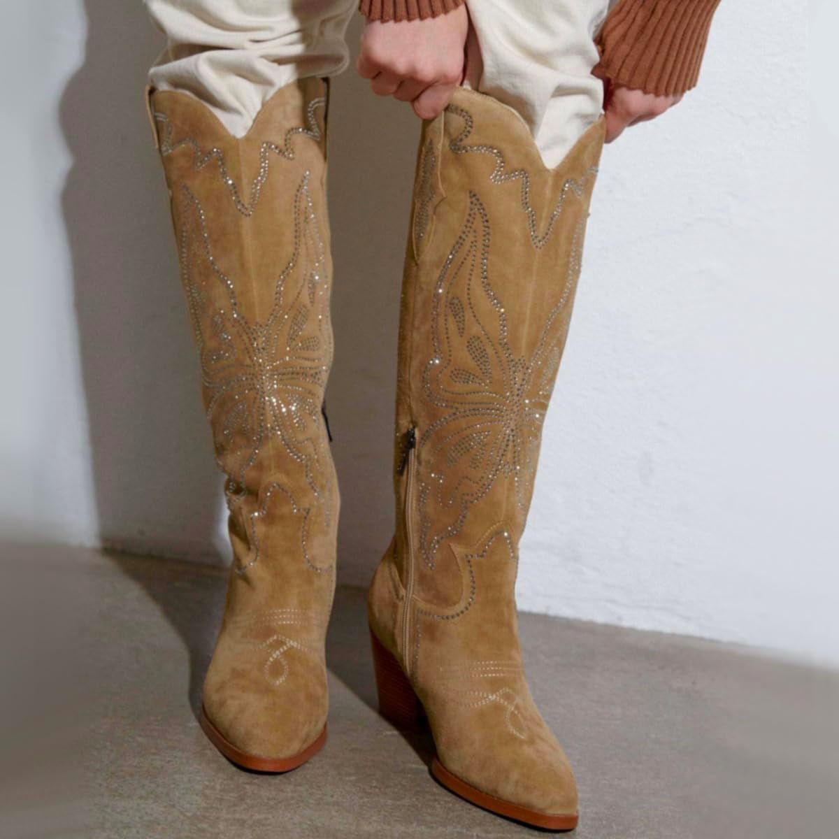 Women Rhinestone Knee High Western Boots Suede Chunky Stacked Heel Pointed Toe Mid Calf Cowboy Boots Embroidered Side Zipper Wide Calf Tall Riding Boots Sparkle Wedding Party Retro 4-11 M US